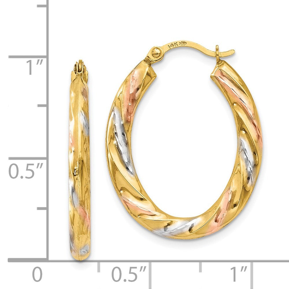 14k Yellow Gold & White & Rose Rhodium Oval Hollow Scallop Hoop Earrings