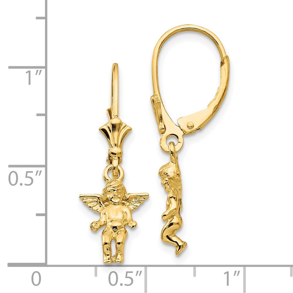 14k Yellow Gold Angel Dangle Earrings Leverback Gift for Women