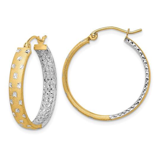 14k Yellow Gold White Rhodium Polished Satin Diamond-cut In/Out Hoop Earrings