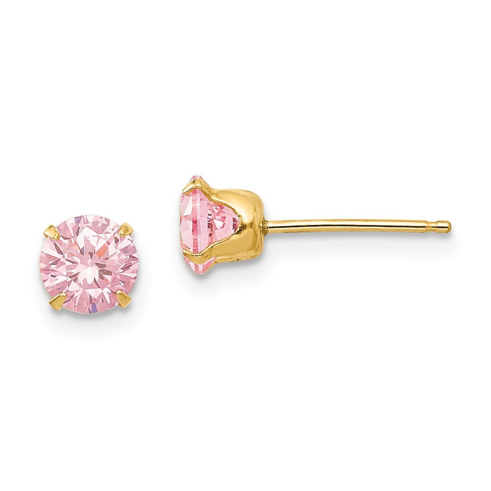14k Yellow Gold 5mm Pink CZ Earrings