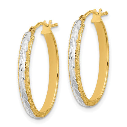 14k Yellow Gold White Rhodium Diamond-cut Textured Hoop Earrings