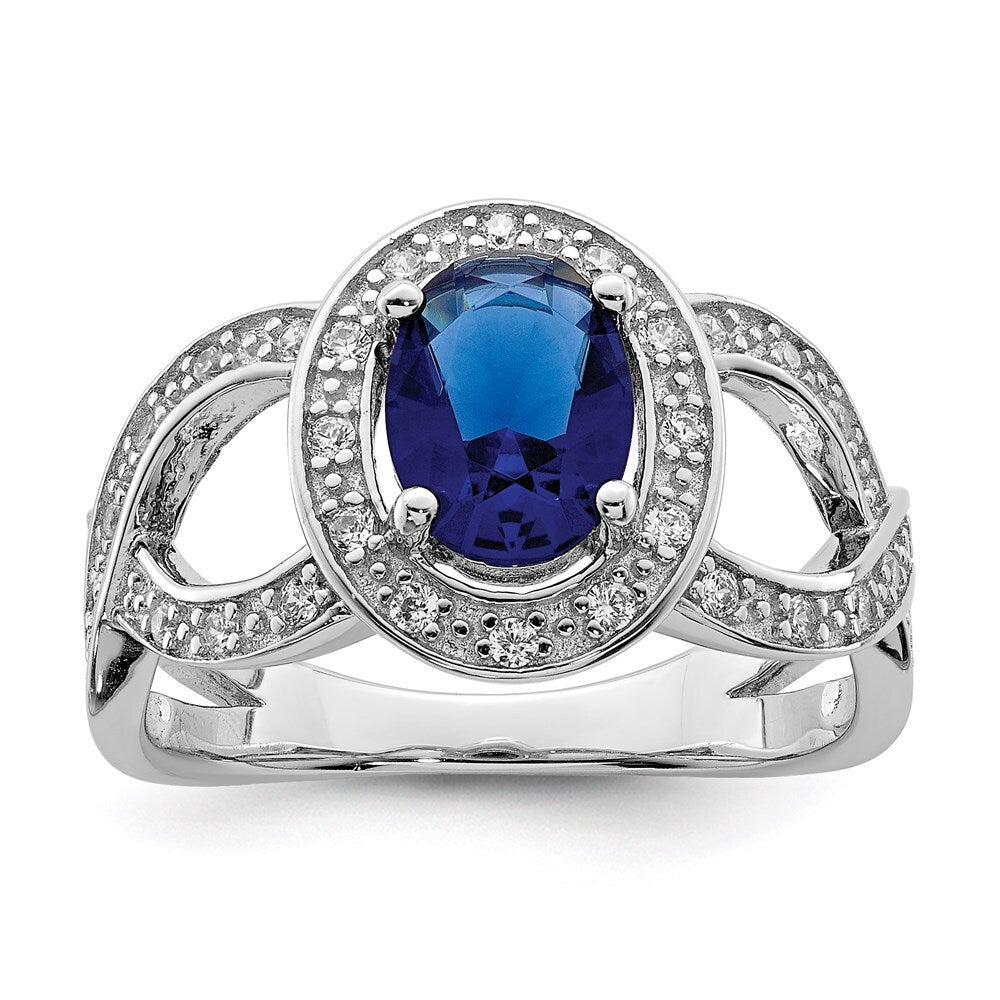 Sterling Silver Rhodium-plated Dark Blue Glass and Cubic Zirconia Ring Size 6