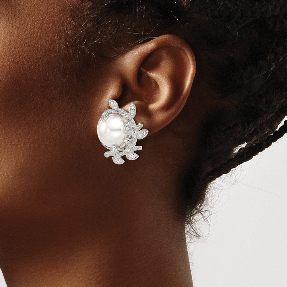 Sterling Silver Polished & Textured Fancy Pearl & CZ Leaf Non Pierced Earrings