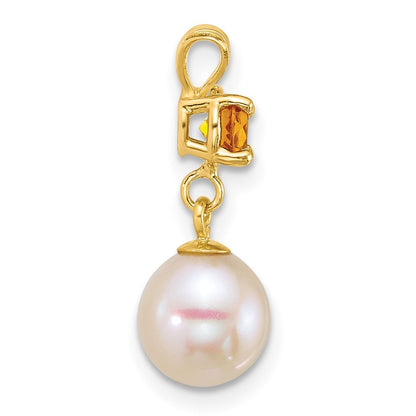 14k Yellow Gold 7-8mm Round White Cultured Pearl Dangle and Citrine Pendant