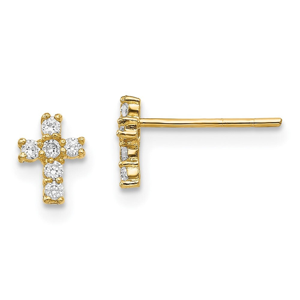 14k Yellow Gold Polished Cubic Zirconia Cross Stud Earrings Gift for Women