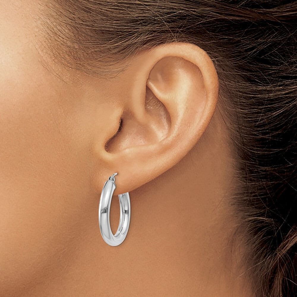 14K White Gold Polished 4mm Tube Hoop Earrings Gift for Women