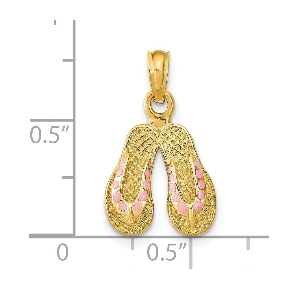 14k Yellow Gold 3D  Pink Enamel Double Flip-Flop Charm Pendant for Women