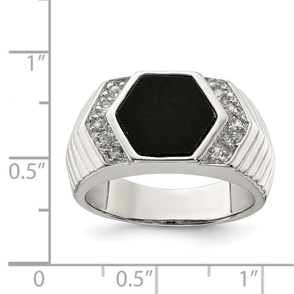 Sterling Silver Rhodium-plated Men's Cubic Zirconia and Onyx Ring Size 9