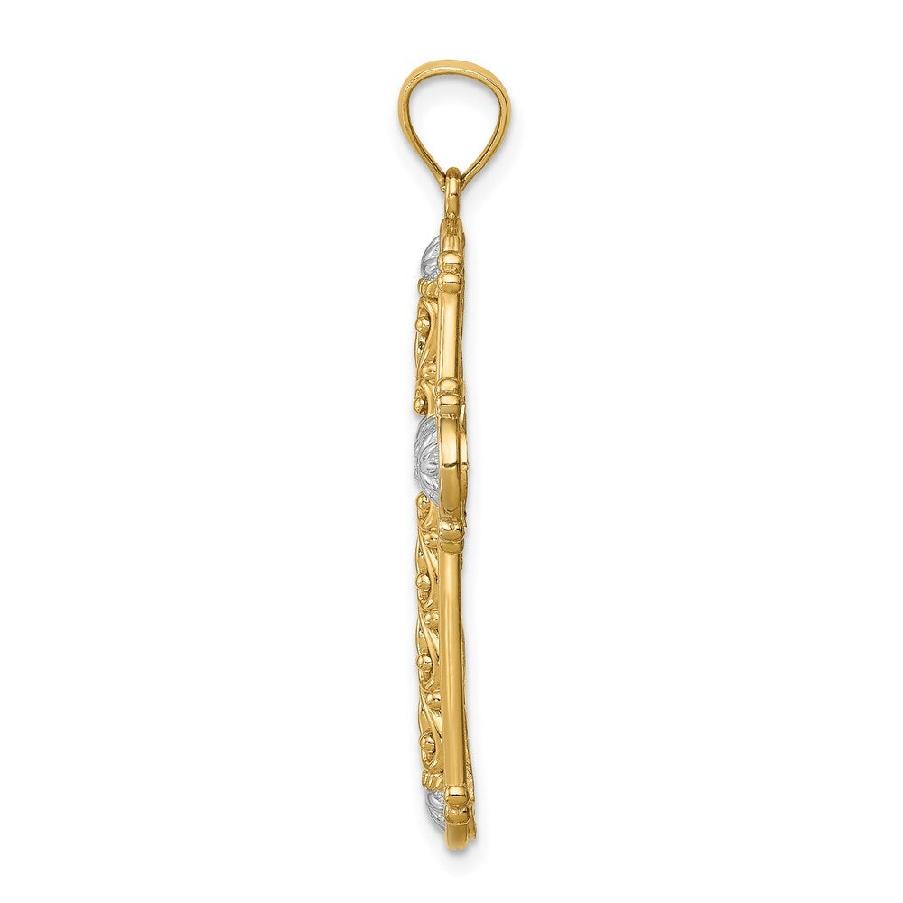 14k Yellow Gold White Rhodium Diamond-Cut Reversible Cross Pendant for Women