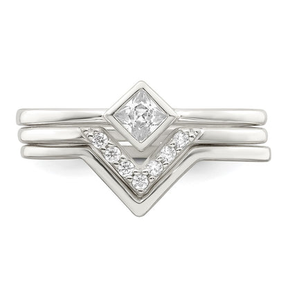 Sterling Silver Polished Square CZ 3 Ring Set Size 7