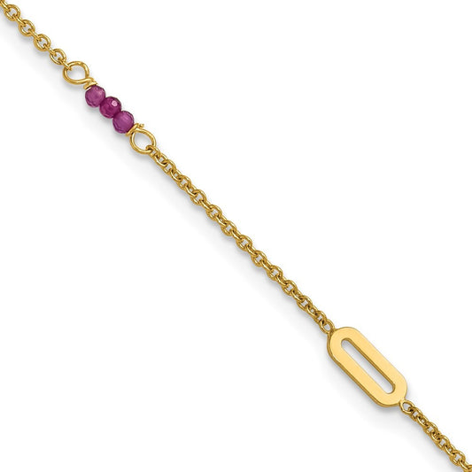 14k Yellow Gold Polished Red Corundum Beads and Ovals 10" Anklet