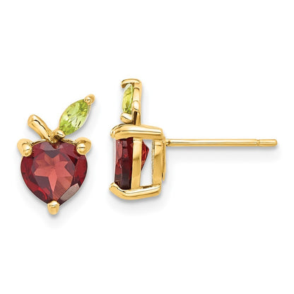14k Yellow Gold Heart-shaped Garnet and Peridot Apple Post Earrings