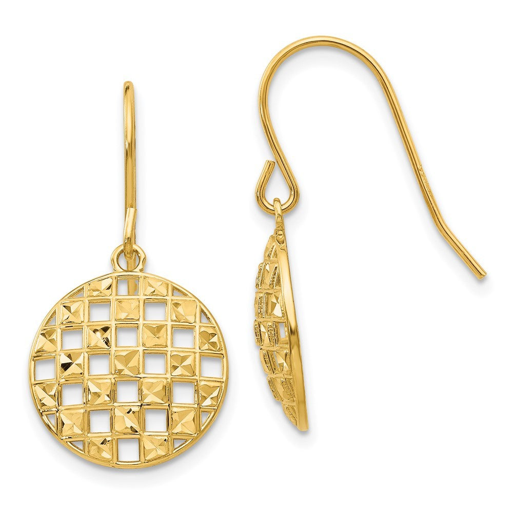 14k Yellow Gold Circle Diamond-cut Drop Dangle Earrings w/ Shepherd Hook