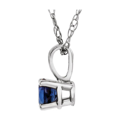 14k White Gold 3 mm Lab-Grown Blue Sapphire Solitaire Pendant Necklace 14"