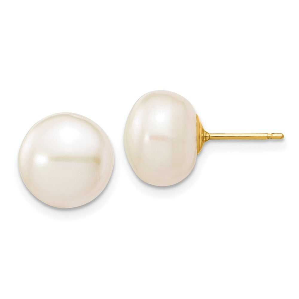 14k Yellow Gold 10-11mm White Button Freshwater Cultured Pearl Stud Earrings