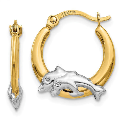 14k Yellow Gold & Rhodium Dolphin Hoop Earrings Gift for Women