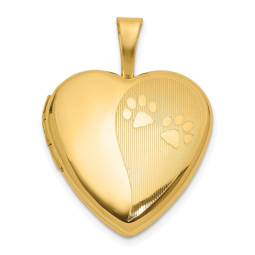 14k Yellow Gold Textured and Polished Paw Prints 16mm Heart Locket Pendant