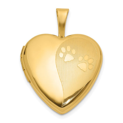 14k Yellow Gold Textured and Polished Paw Prints 16mm Heart Locket Pendant