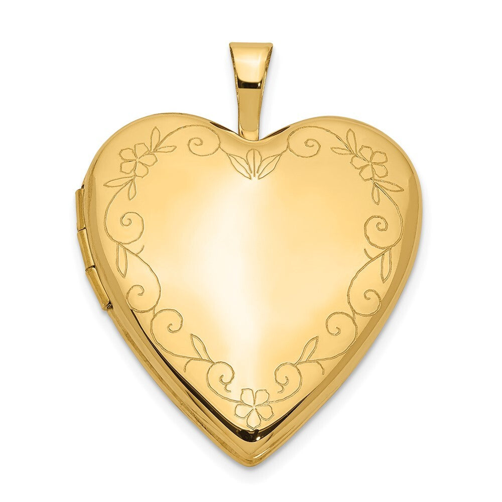 14k Yellow Gold 20mm Flower Vine Border Heart Locket Pendant for Women