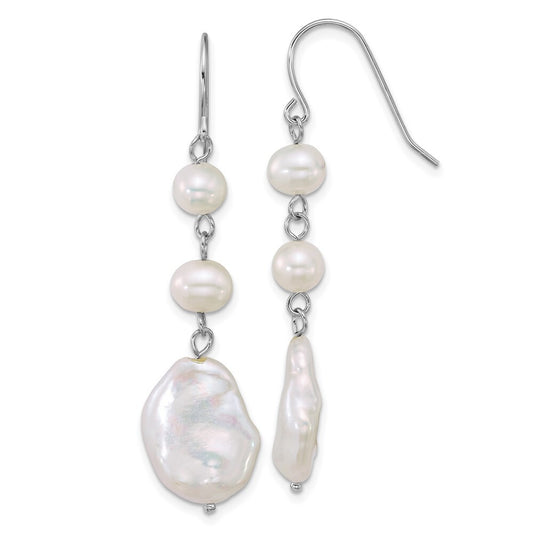 Sterling Silver White Semi-Round Culture Pearl Shepherd Hook Dangle Earrings