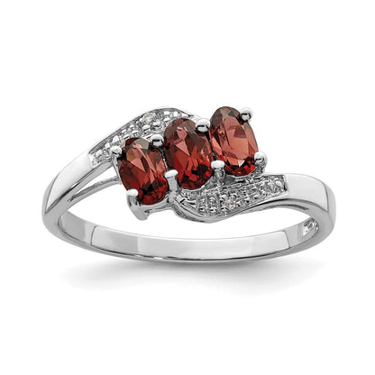 Sterling Silver Rhodium-plated 3 Stone Garnet & Diamond Ring Size 8