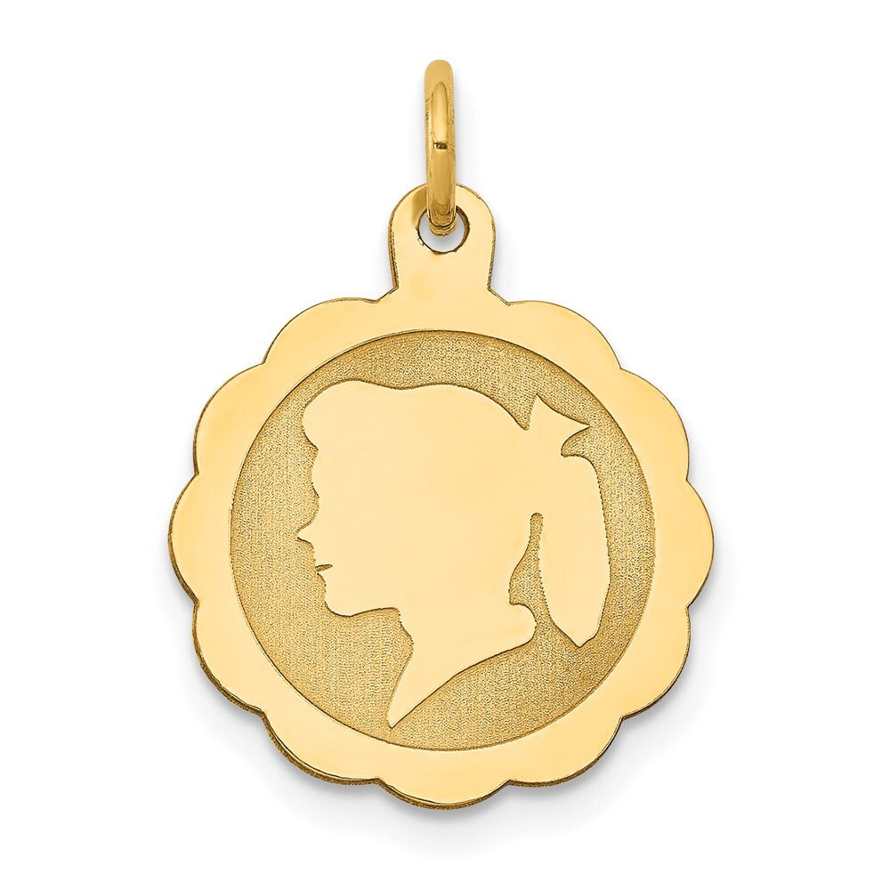 14k Yellow Gold Girl Head on .011 Gauge Engravable Scalloped Disc Charm Pendant