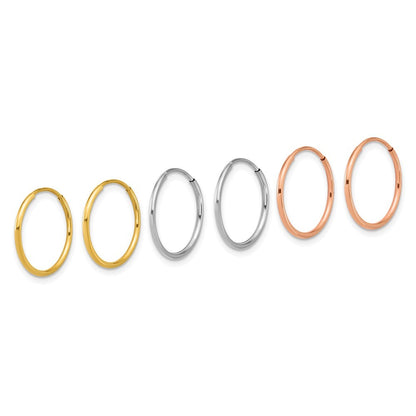 14k Yellow White and Rose Gold 1.20mm Endless Hoop Earring Set
