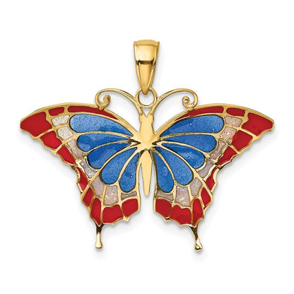 14k Yellow Gold Blue and Red Enameled Butterfly Pendant for Women