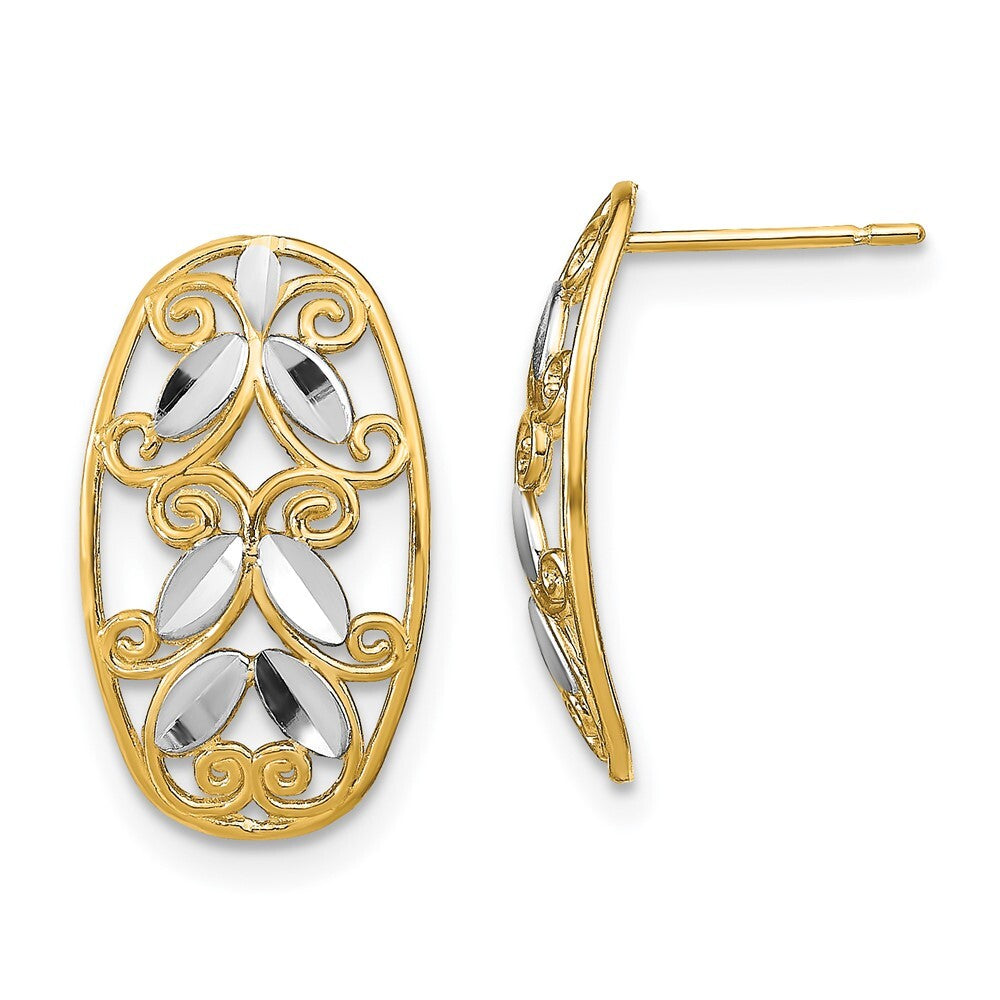 14k Yellow Gold Rhodium Oval Diamond-Cut Filigree Dangle Earrings