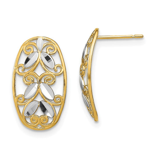 14k Yellow Gold Rhodium Oval Diamond-Cut Filigree Dangle Earrings