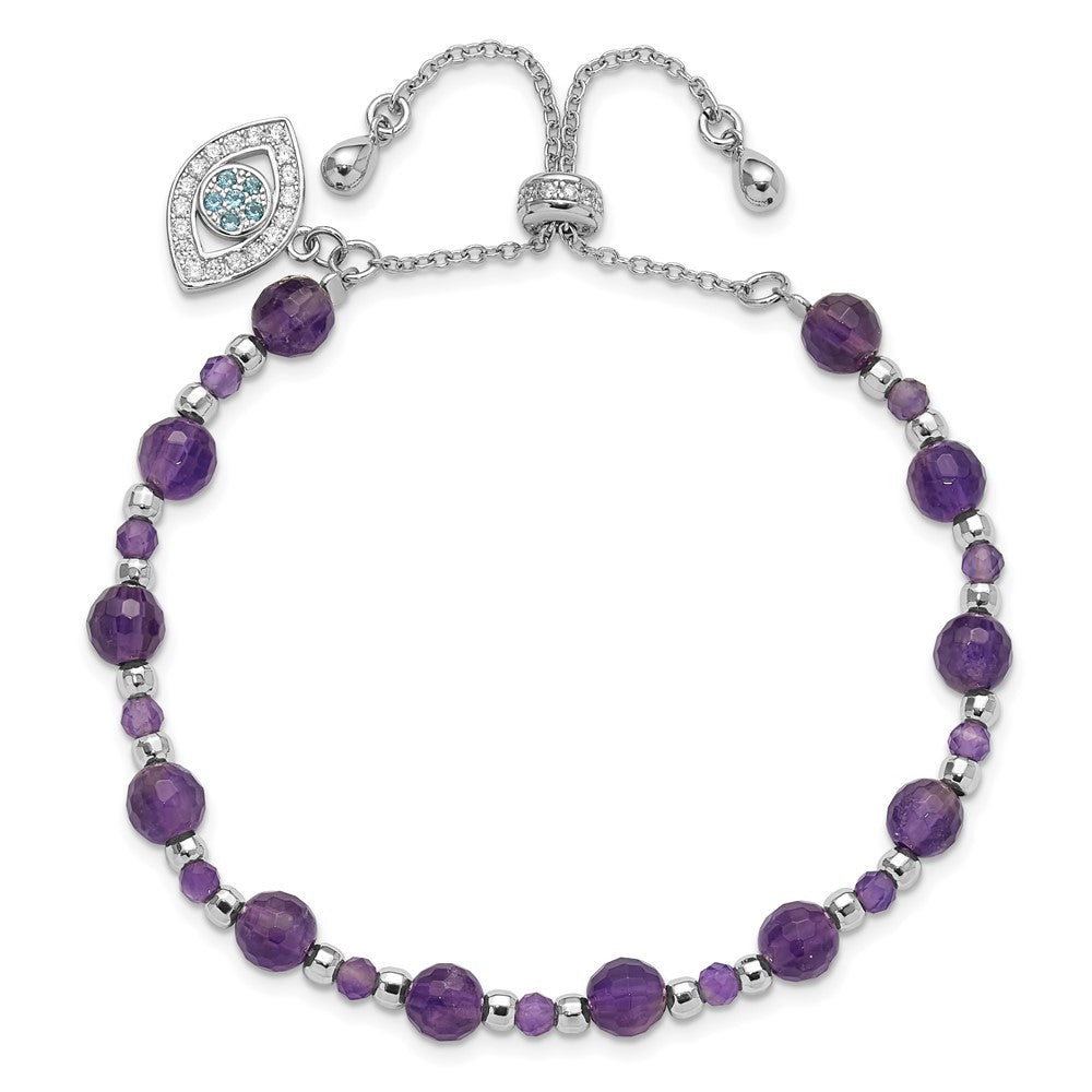 Sterling Silver Rhodium-plated Amethyst & CZ and Blue Glass Adjustable Bracelet