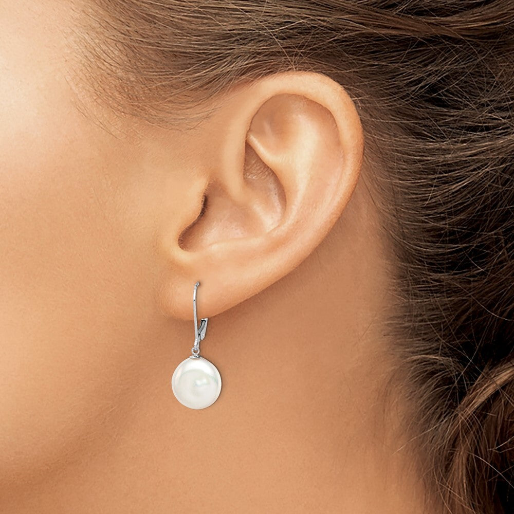 Sterling Silver 12-13mm Coin Freshwater Cultured Pearl Leverback Dangle Earrings