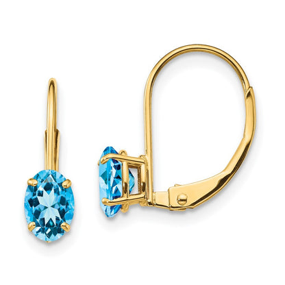 14k Yellow Gold 6x4mm Oval Blue Topaz Dangle Earrings Leverback Gift for Women