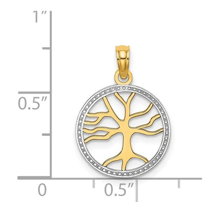14k Yellow Gold w/Rhodium Tree of Life in Round Frame Charm