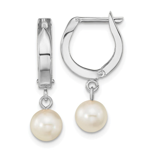 14k White Gold 6-7mm Round Akoya Saltwater Cultured Pearl Dangle Hoop Earrings