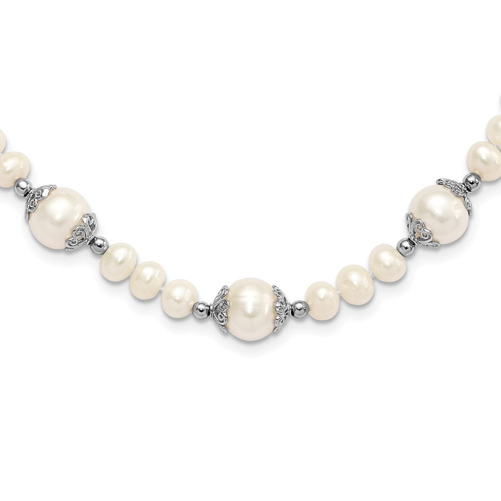 Sterling Silver Rhodium-plated 6-9mm White Cultured Pearl 5-station Necklace 18"