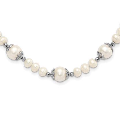 Sterling Silver Rhodium-plated 6-9mm White Cultured Pearl 5-station Necklace 18"