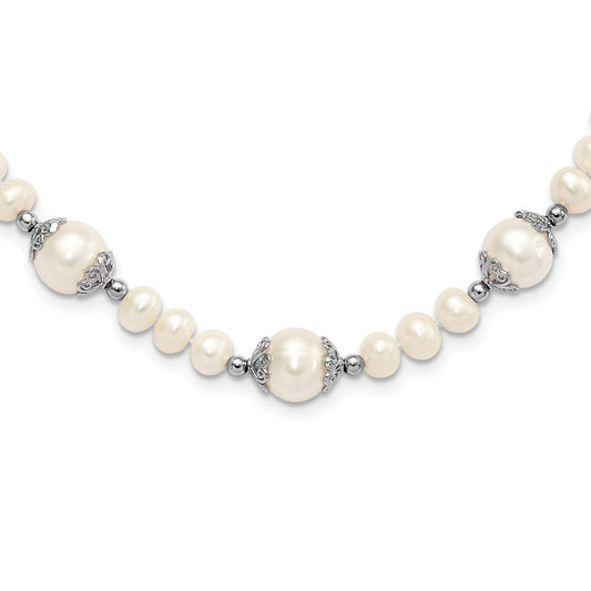 Sterling Silver Rhodium-plated 6-9mm White Cultured Pearl 5-station Necklace 18"