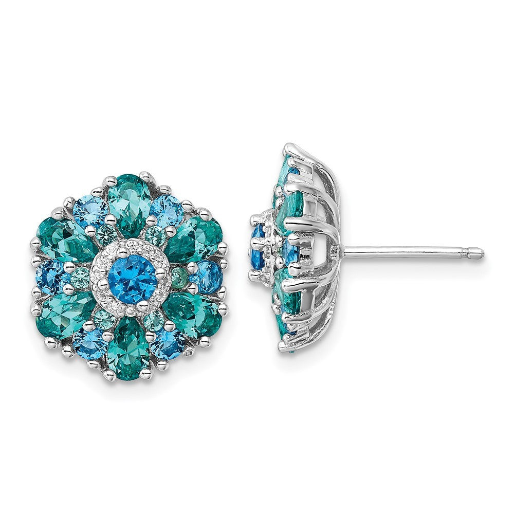 Sterling Silver Rh-pltd Blue/Green Nano Crystal and CZ Floral Earrings