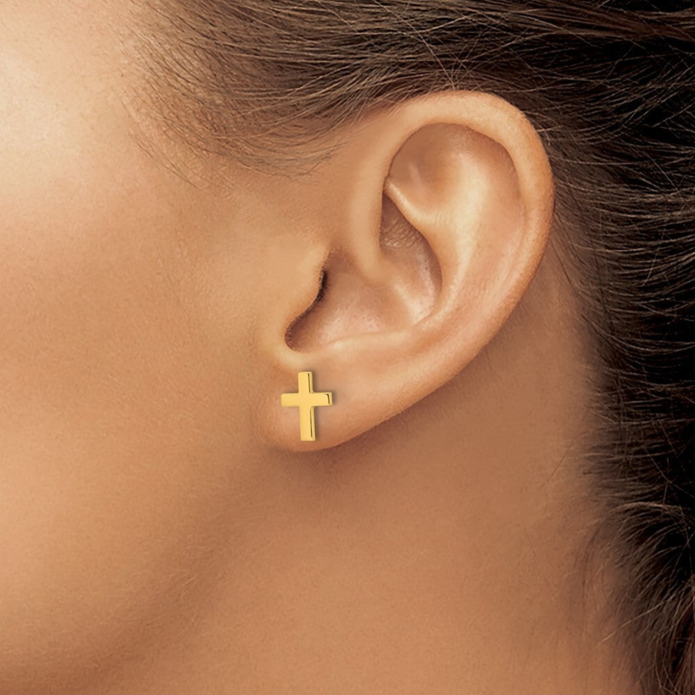 14k Yellow Gold Polished Latin Cross Stud Earrings Gift for Women