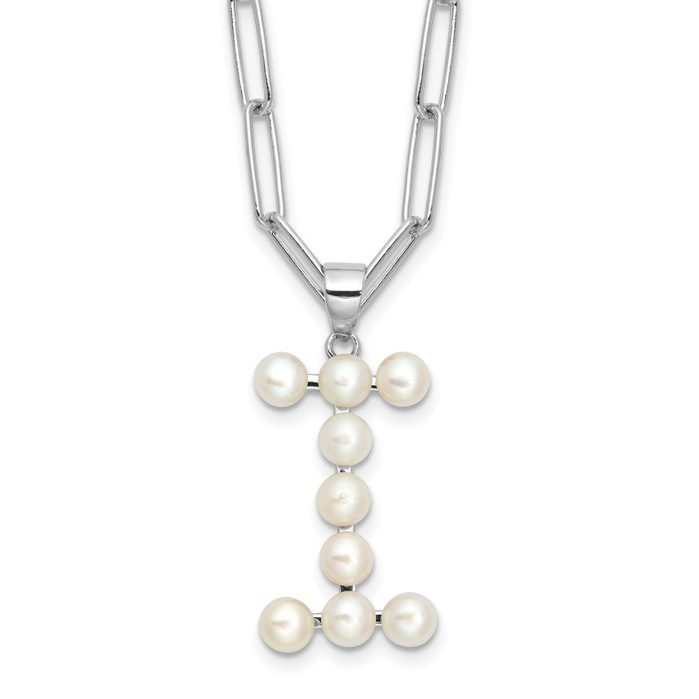 Sterling Silver 3-5.5mm White Button Cultured Pearl LETTER I Necklace 18"