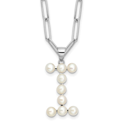 Sterling Silver 3-5.5mm White Button Cultured Pearl LETTER I Necklace 18"