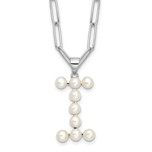 Sterling Silver 3-5.5mm White Button Cultured Pearl LETTER I Necklace 18"