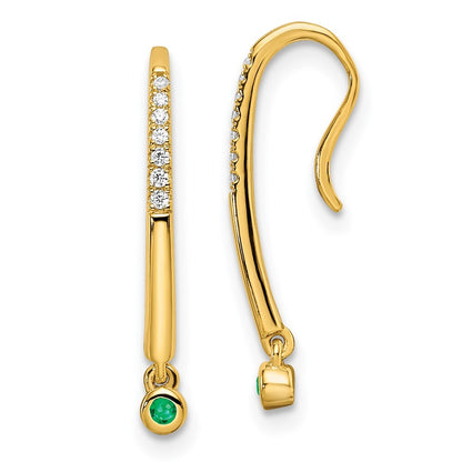 14k Yellow Gold Polished Diamond and Emerald Drop Wire Stud Earrings