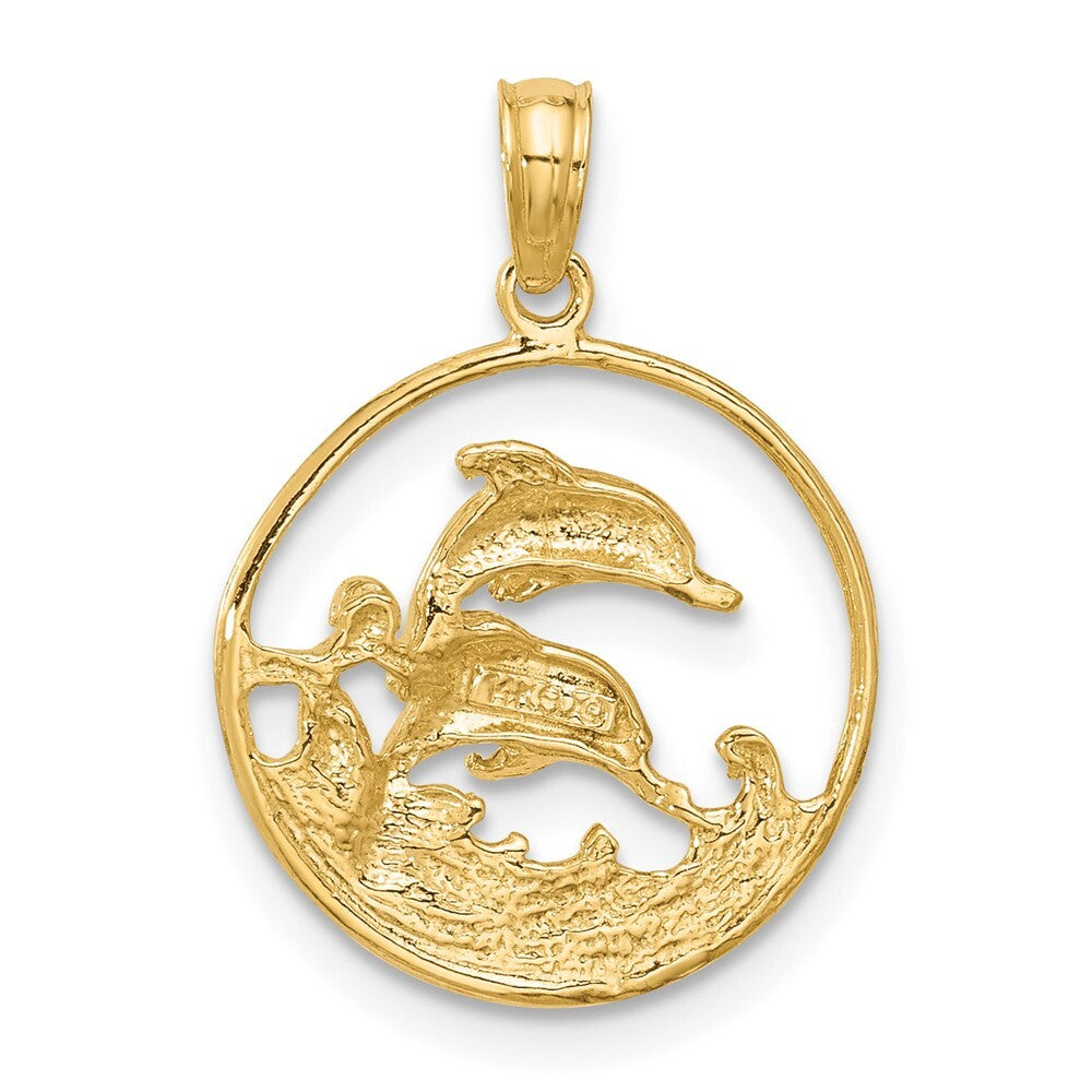 14k Yellow Gold Double Dolphin Circle Pendant for Women