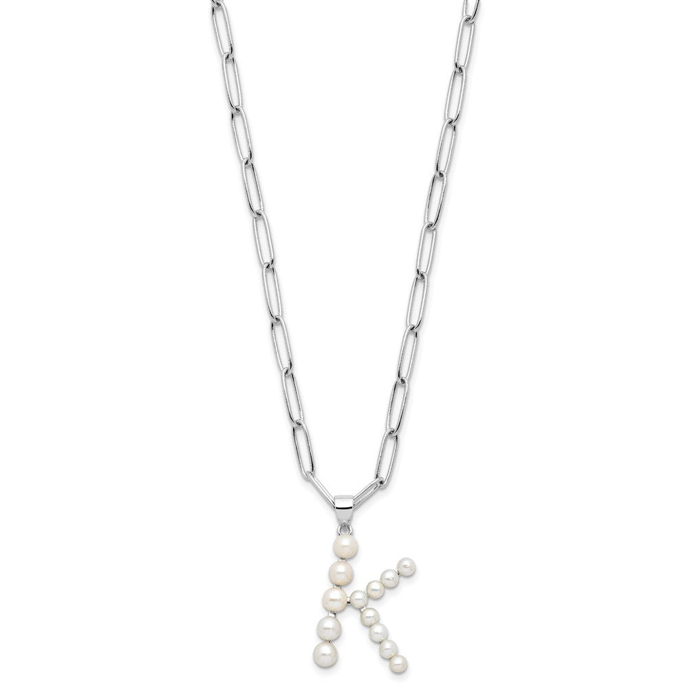 Sterling Silver 3-5.5mm White Button Cultured Pearl LETTER K Necklace 18"