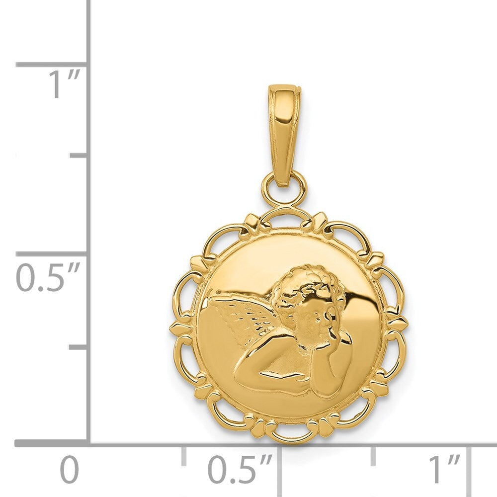 14k Yellow Gold Polished Angel On Round Scallop Frame Pendant for Women