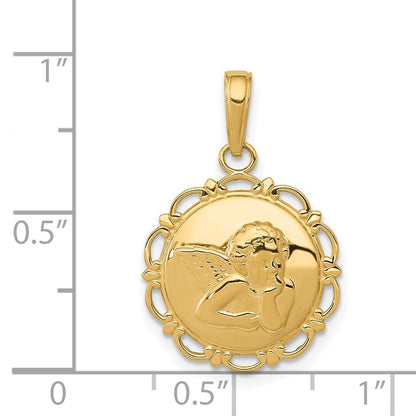 14k Yellow Gold Polished Angel On Round Scallop Frame Pendant for Women