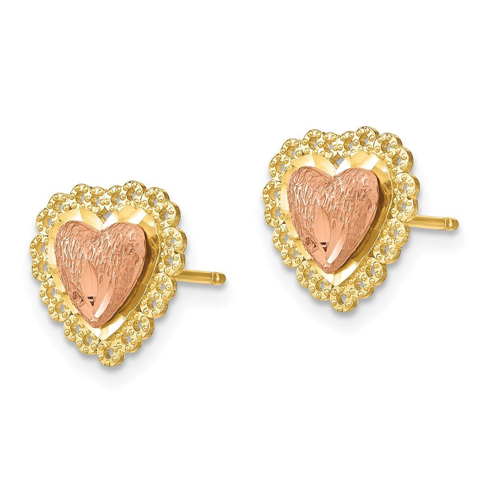 14k Two-tone Gold Diamond-Cut Heart w/ Lace Trim Earrings