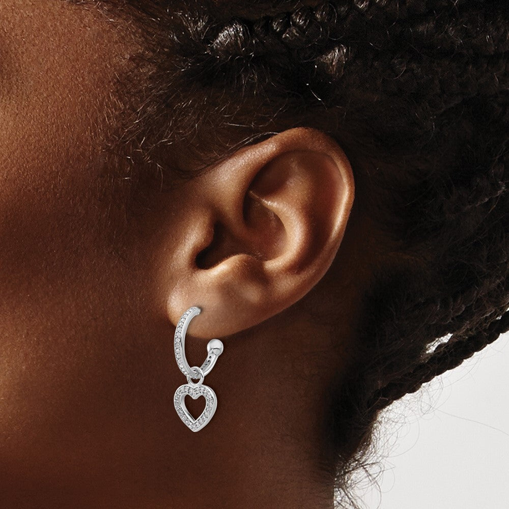 Sterling Silver Rhod-plated Polished Cubic Zirconia Dangle Heart Hoop Earrings